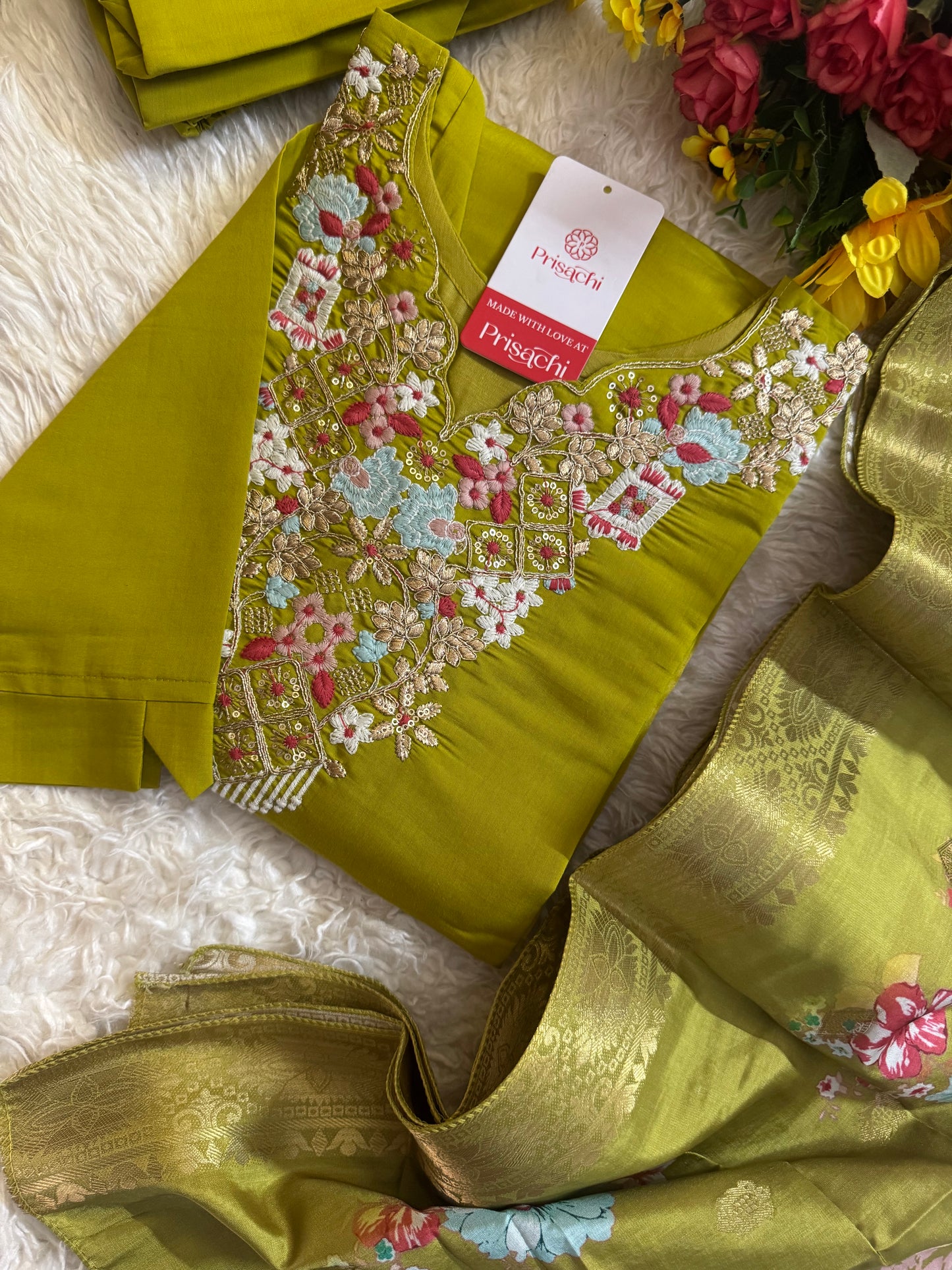 Green embroidered kurta set with dupatta