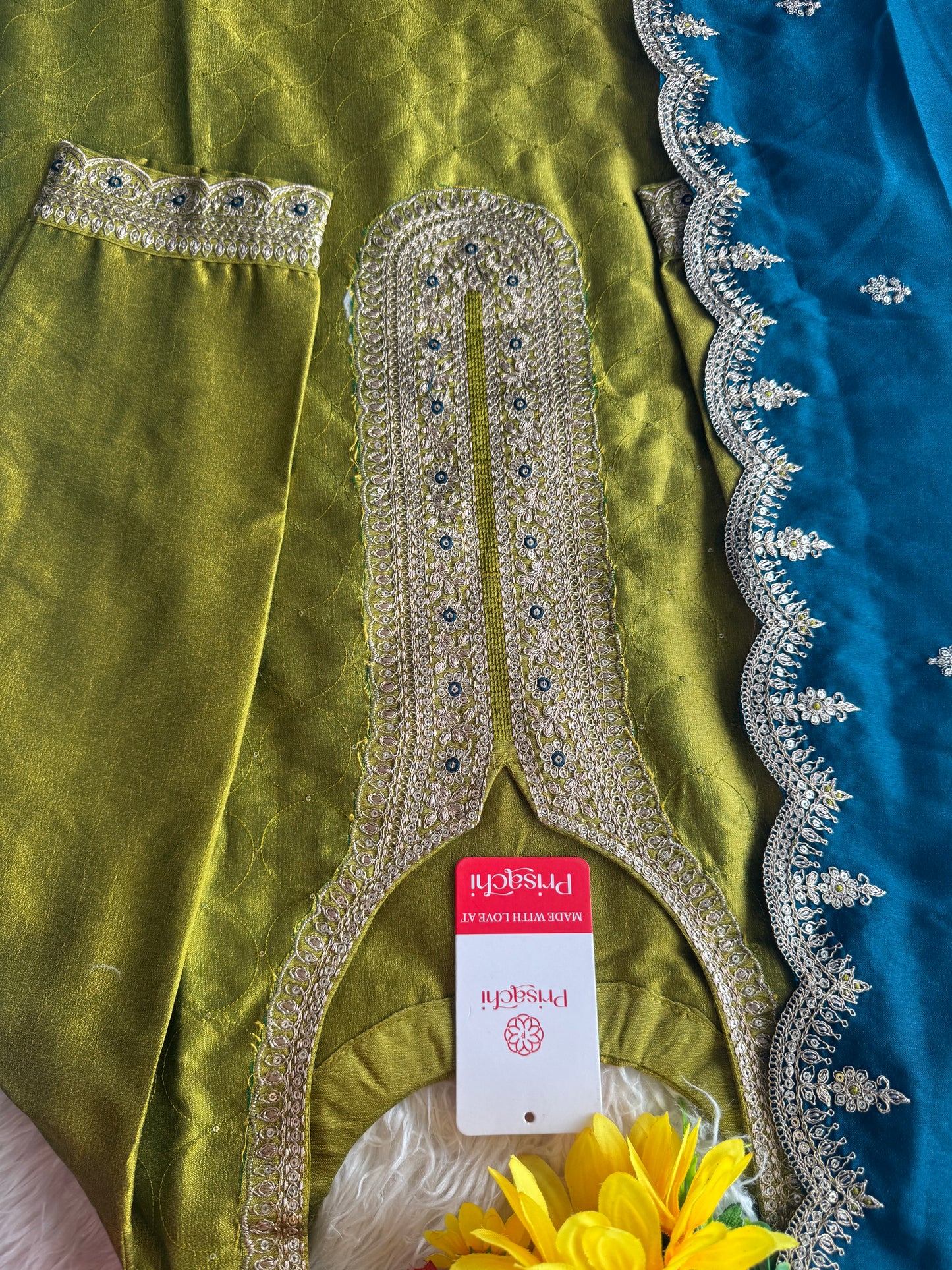 Green embroidered kurta set with contrast dupatta