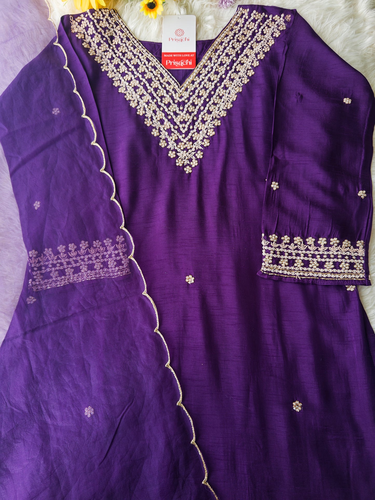 Purple neck embroidered kurta set with dupatta