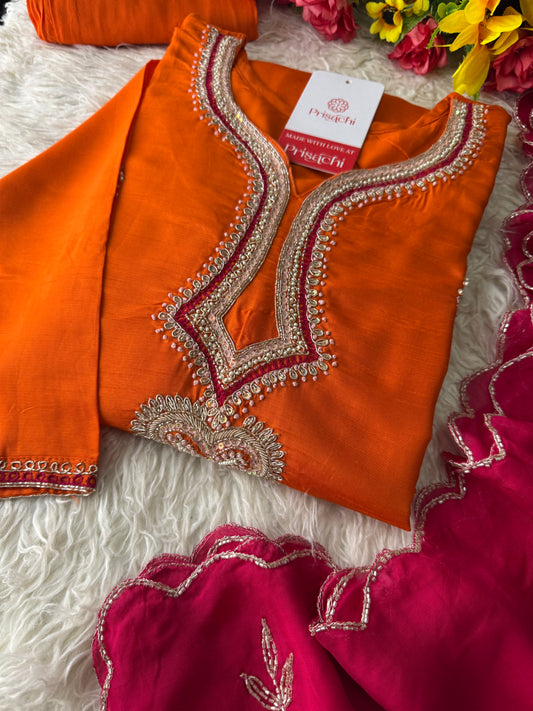 Designer Orange Embroidered Kurta bottom With Dupatta