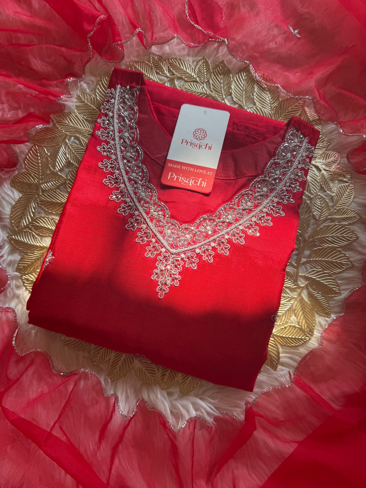 Red embroidered kurta Pant with dupatta