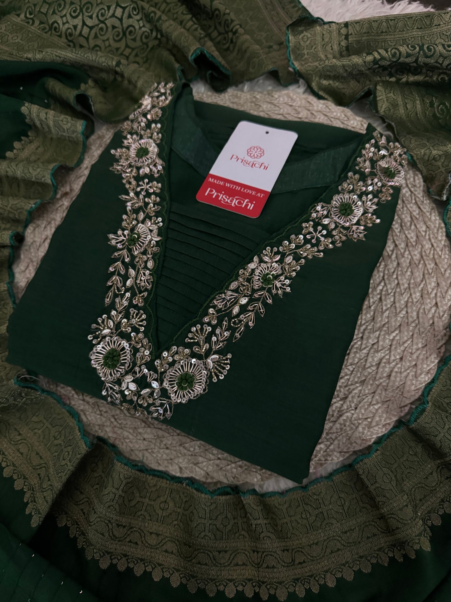 Brown hand embroidered A Line kurta pant with dupatta