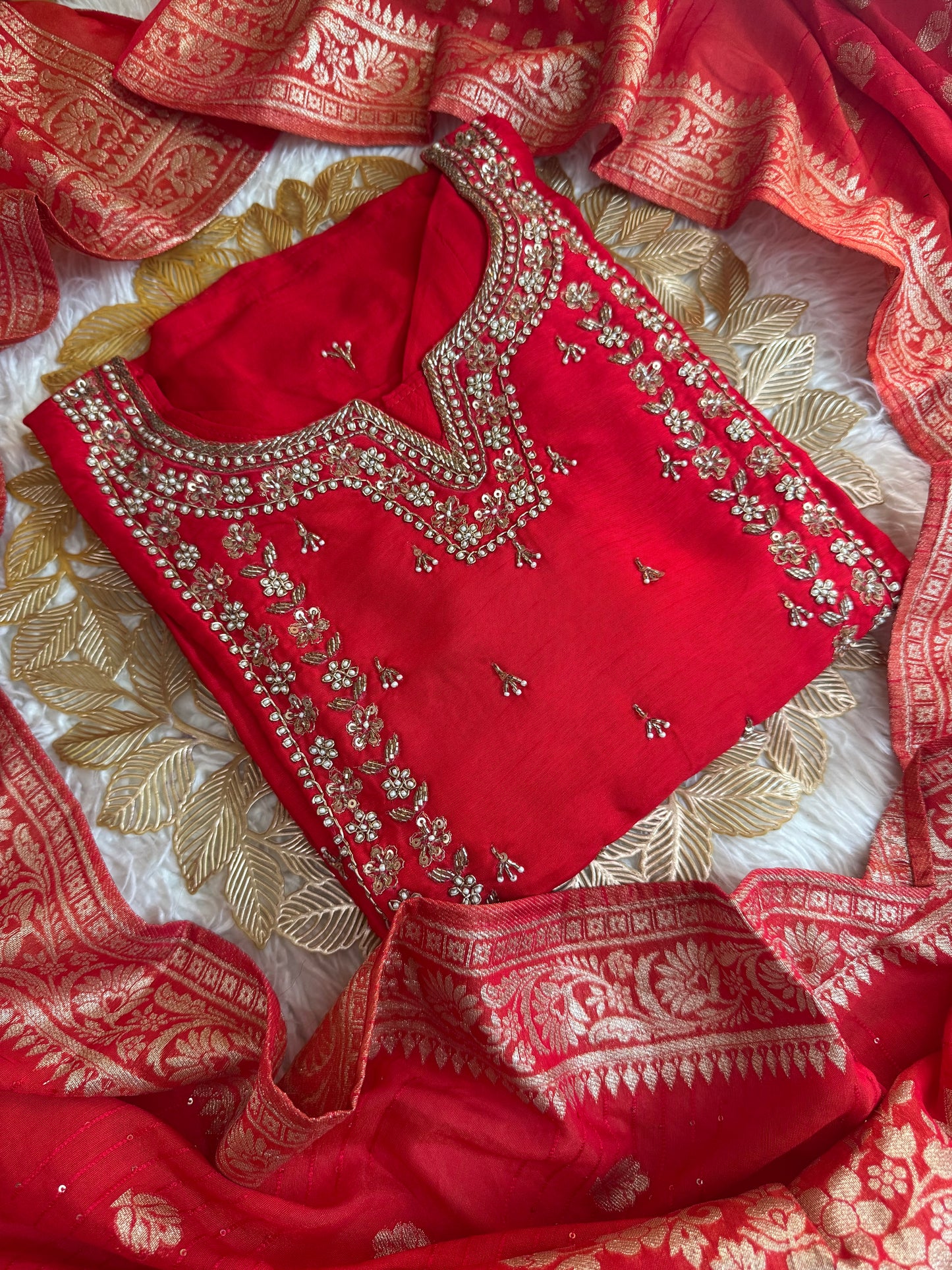 Red embroidered kurta set with dupatta