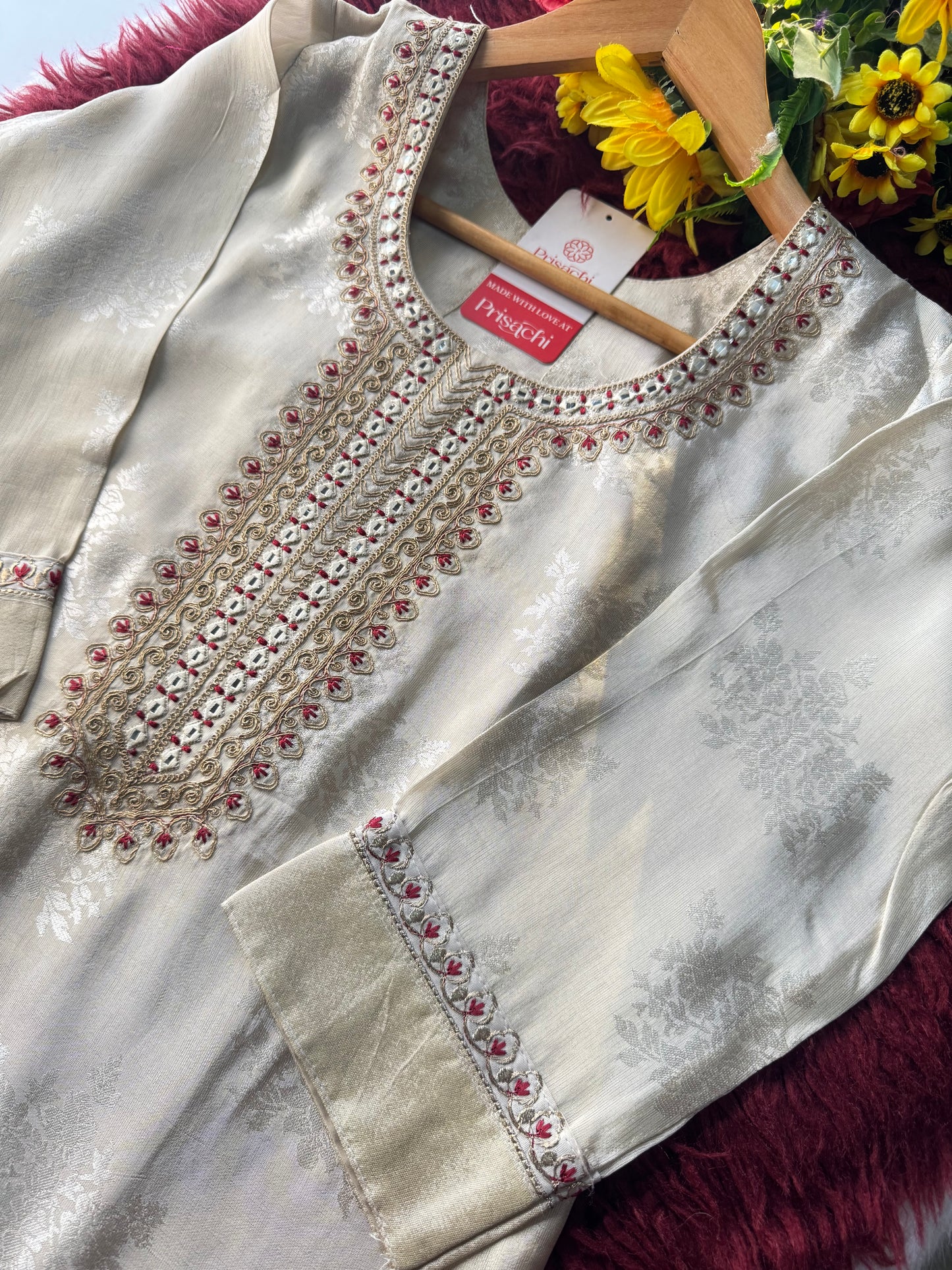 Off White Designer Embroidered Kurta set with dupatta and Pant - Prisachi Official