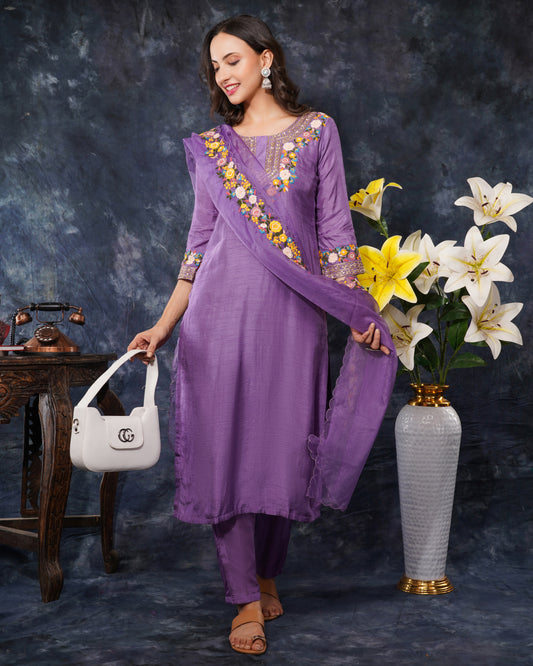 Purple Embroidered Kurta bottom With Dupatta