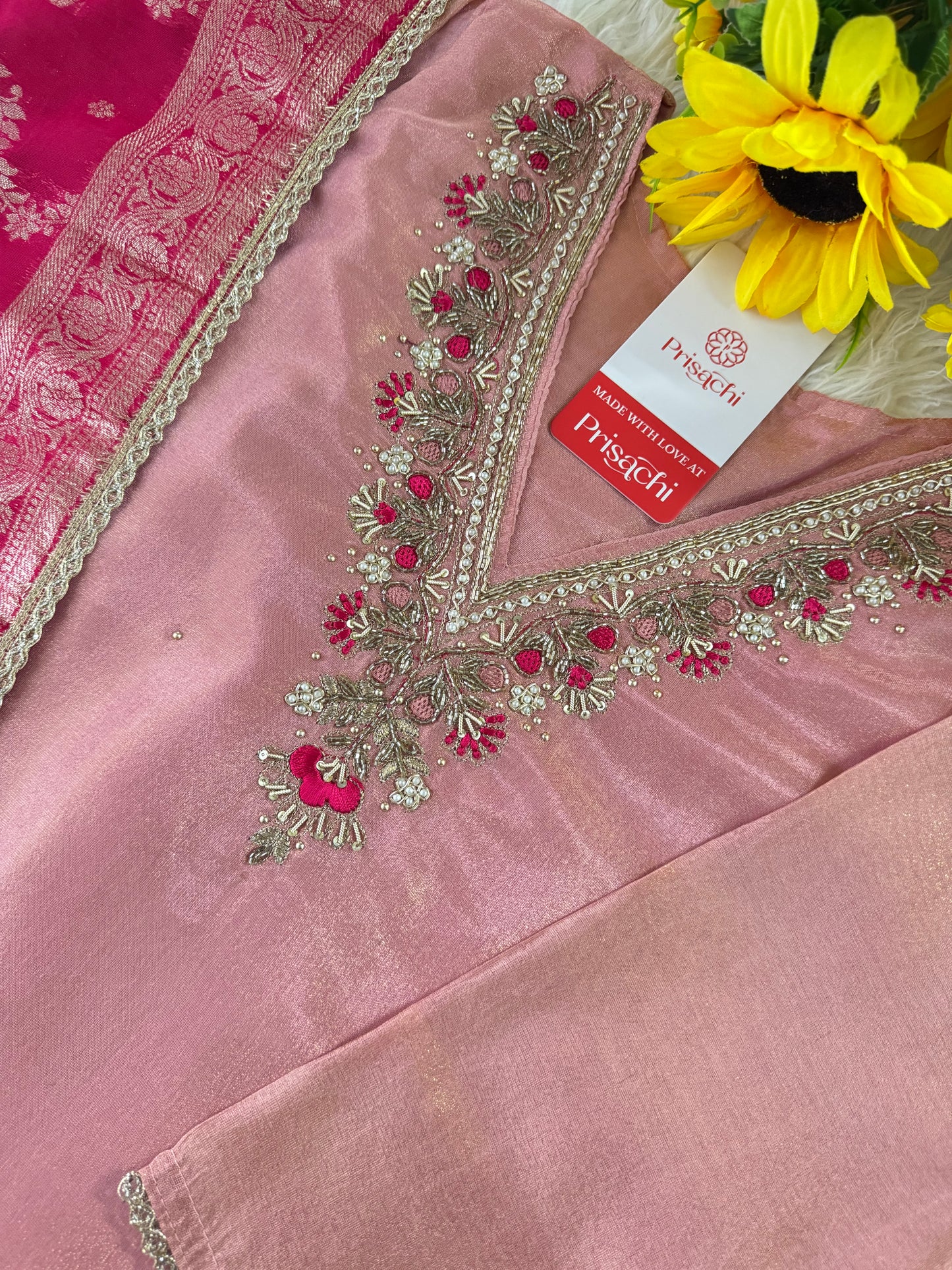Pink embroidered kurta set with dupatta