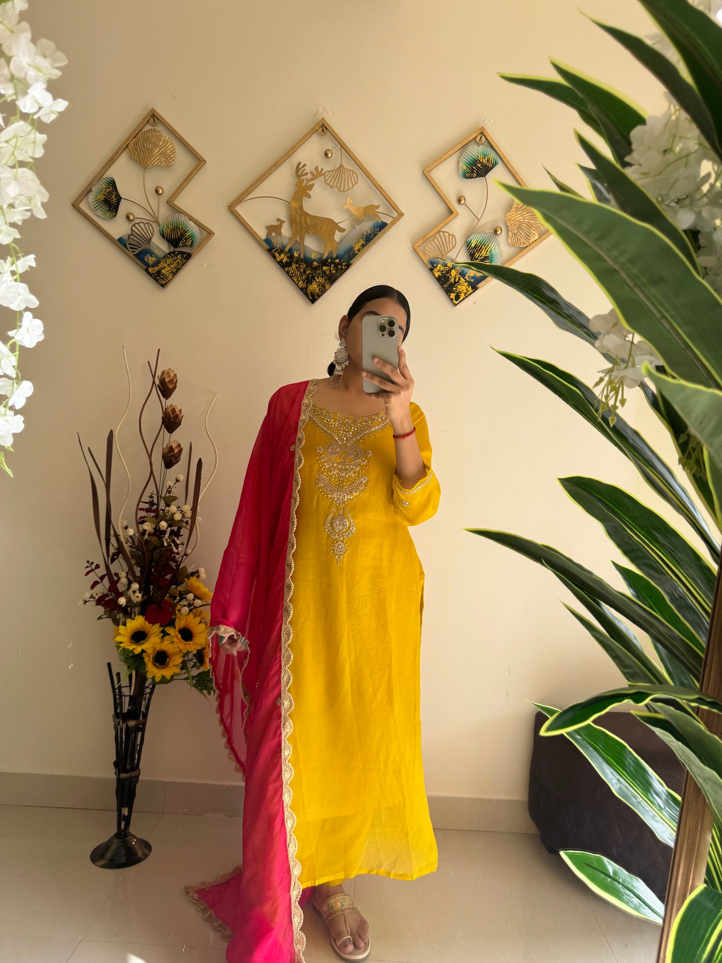 Yellow Embroidered kurta set with Contrast Pink dupatta