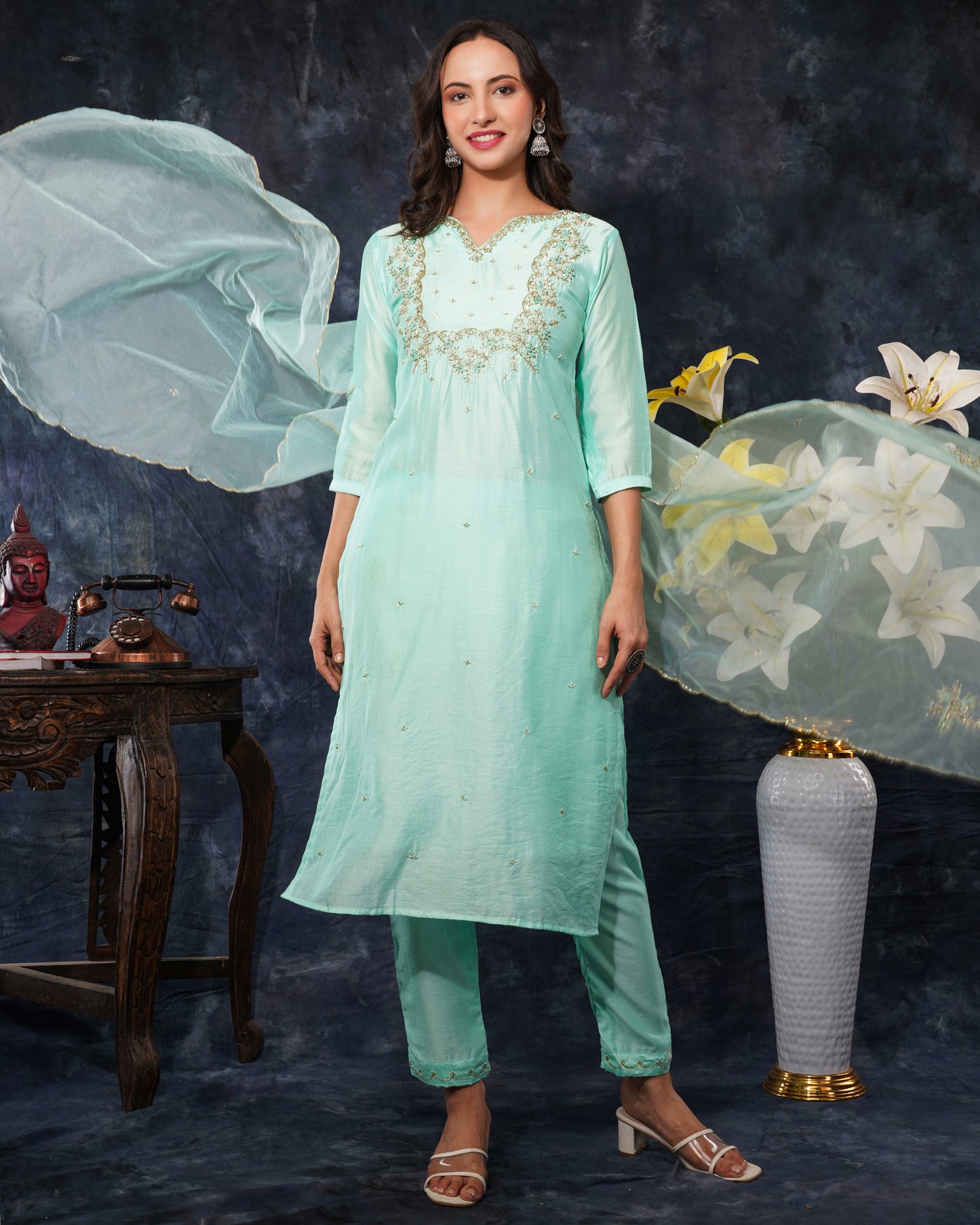 Sky blue Embroidered kurta Pant with dupatta with Zardosi work