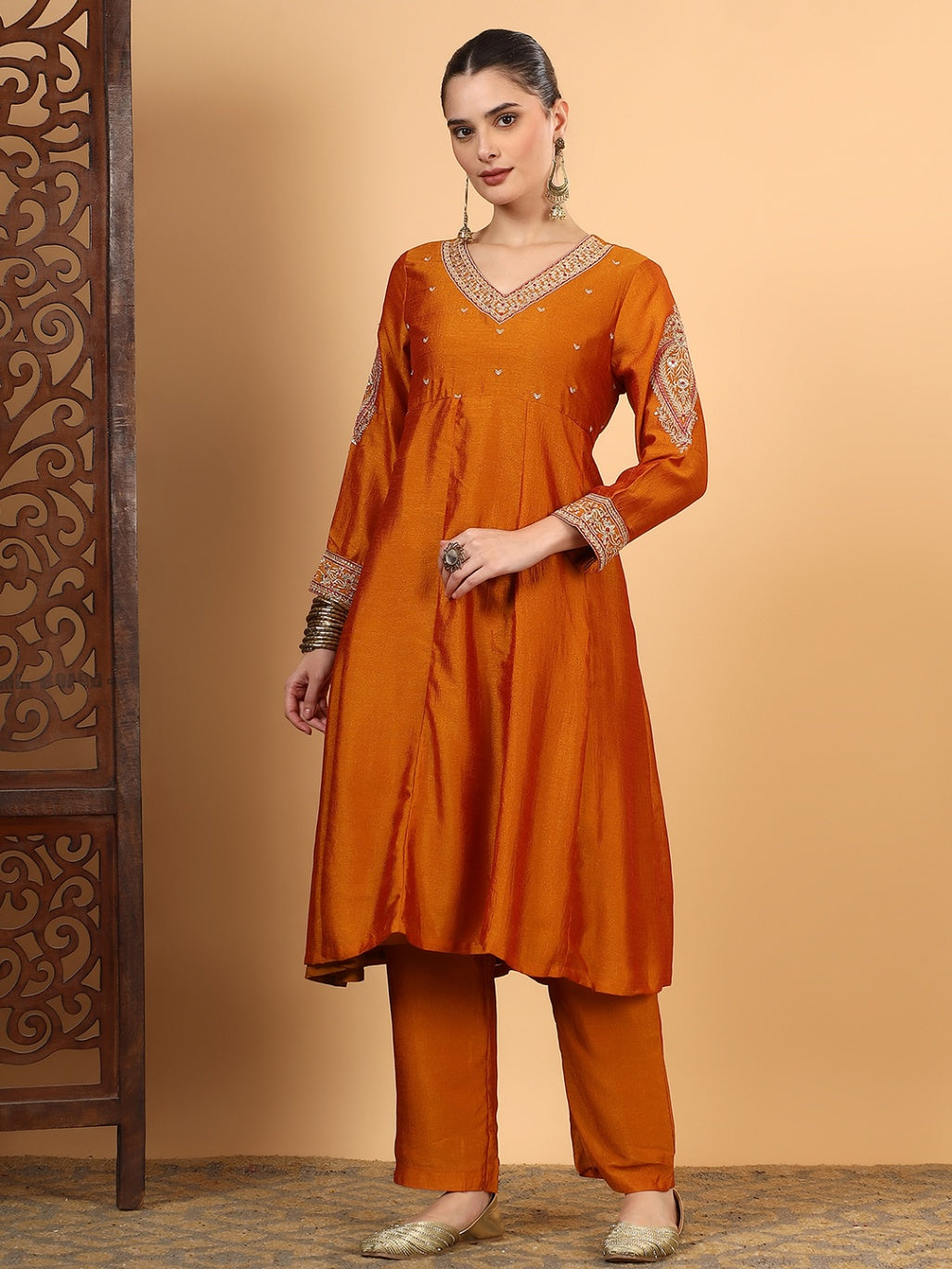 Women Orange Designer Embroidered Kurta set with dupatta with Pant