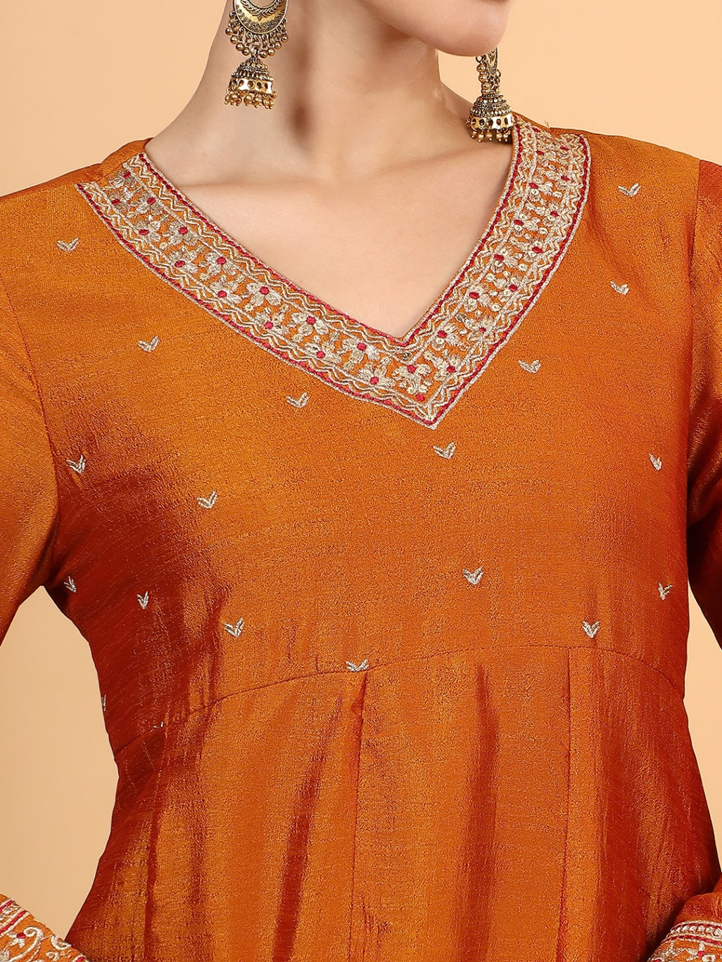 Women Orange Designer Embroidered Kurta set with dupatta with Pant