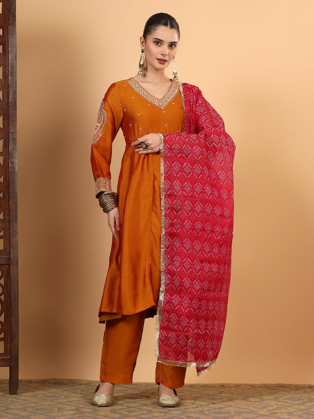 Women Orange Designer Embroidered Kurta set with dupatta with Pant