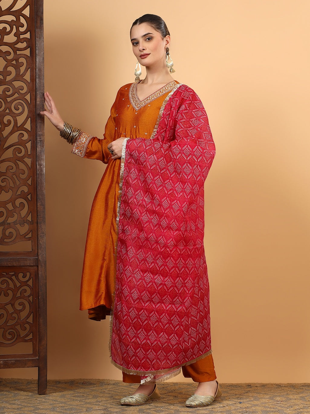 Women Orange Designer Embroidered Kurta set with dupatta with Pant