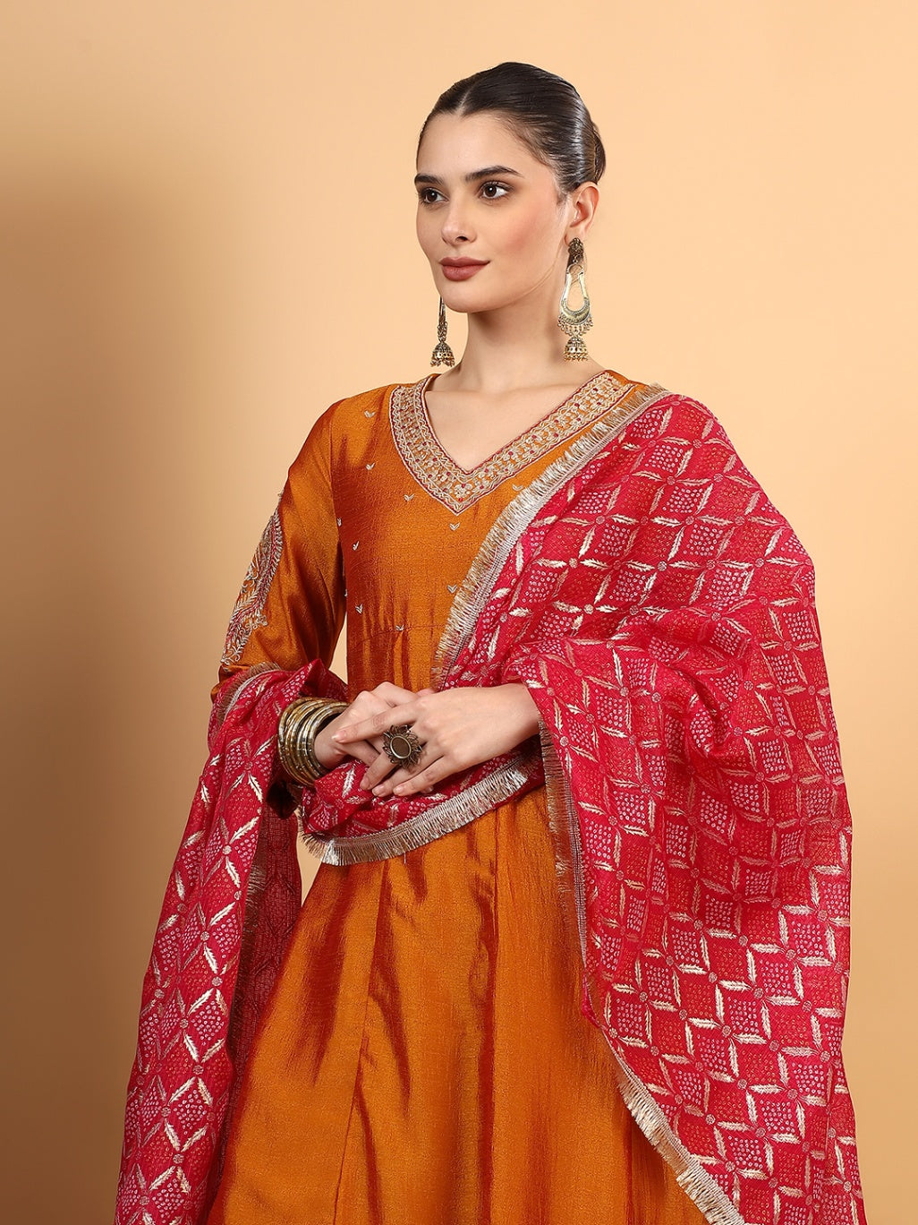 Women Orange Designer Embroidered Kurta set with dupatta with Pant