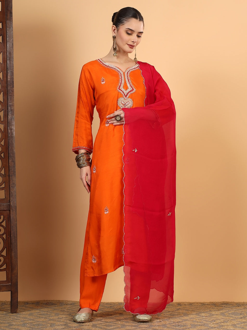 Women Orange Designer Hand Embroidered Kurta set with dupatta with Pant
