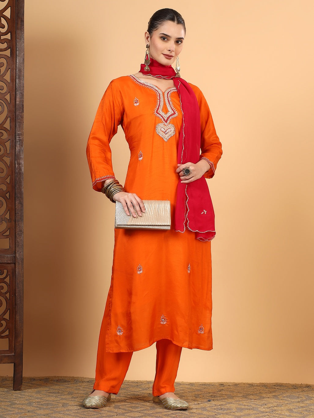 Women Orange Designer Hand Embroidered Kurta set with dupatta with Pant