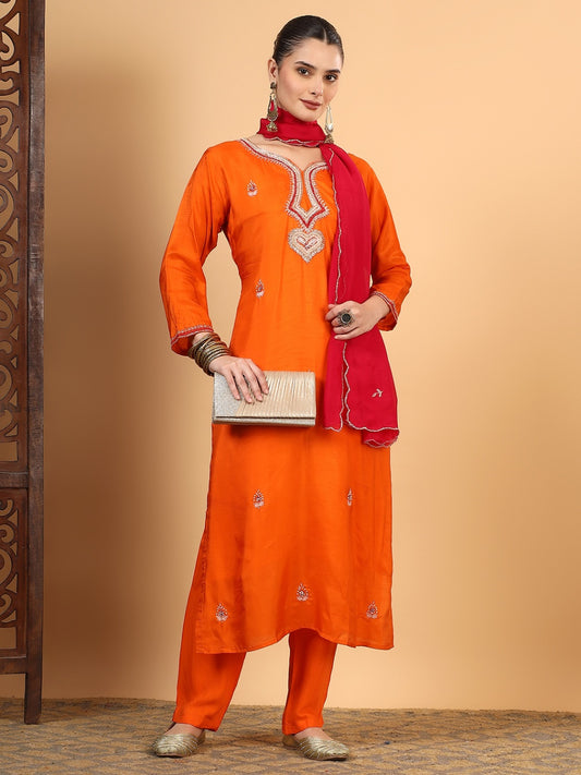 Women Orange Designer Hand Embroidered Kurta set with dupatta with Pant