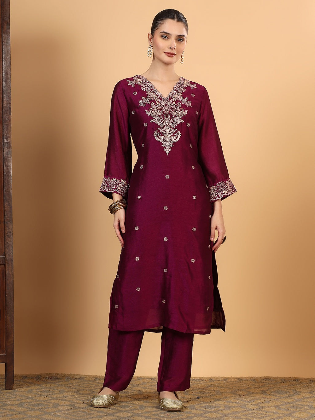 Women Wine Designer Embroidered Kurta set with dupatta with Pant