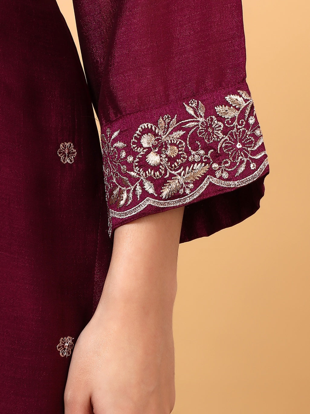 Women Wine Designer Embroidered Kurta set with dupatta with Pant