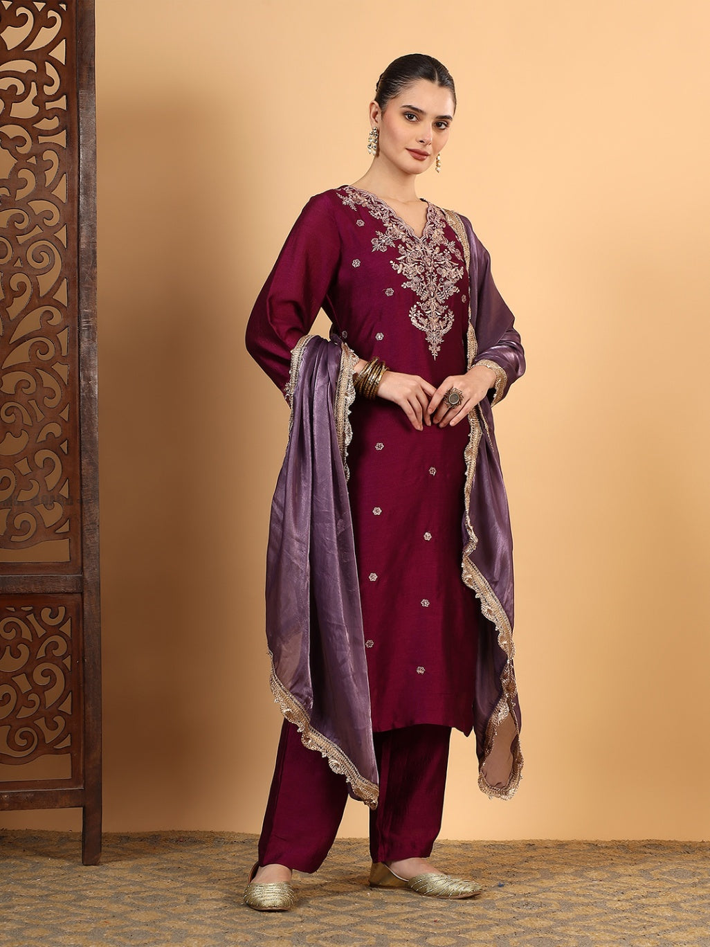 Women Wine Designer Embroidered Kurta set with dupatta with Pant