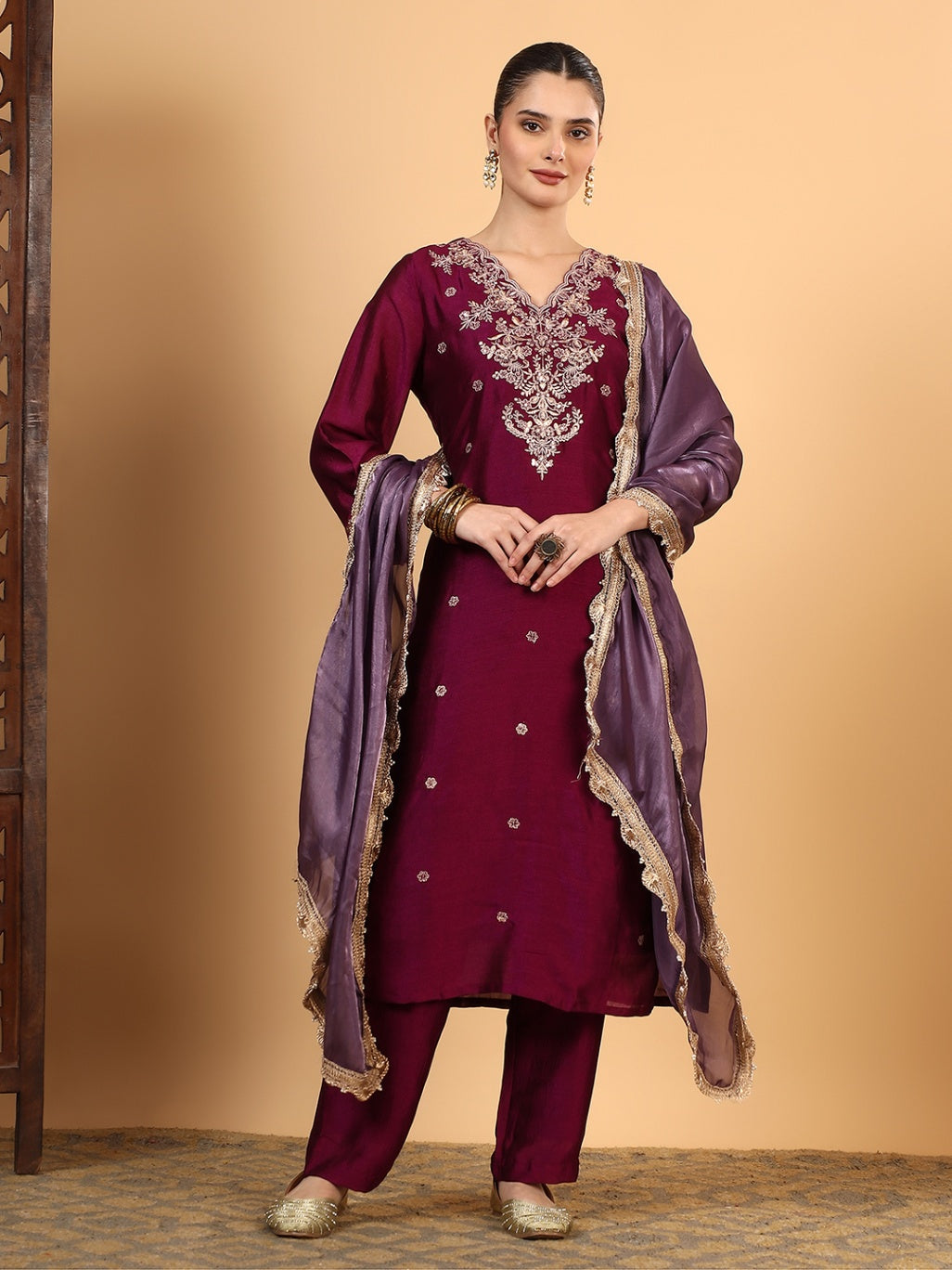 Women Wine Designer Embroidered Kurta set with dupatta with Pant