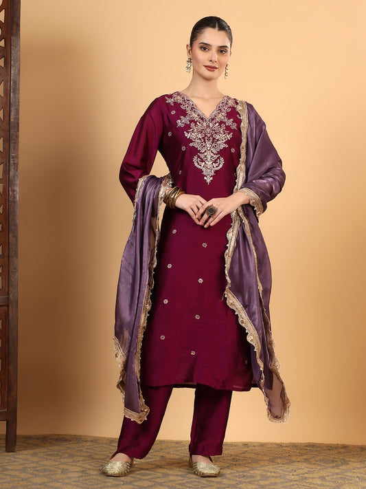 Women Wine Designer Embroidered Kurta set with dupatta with Pant