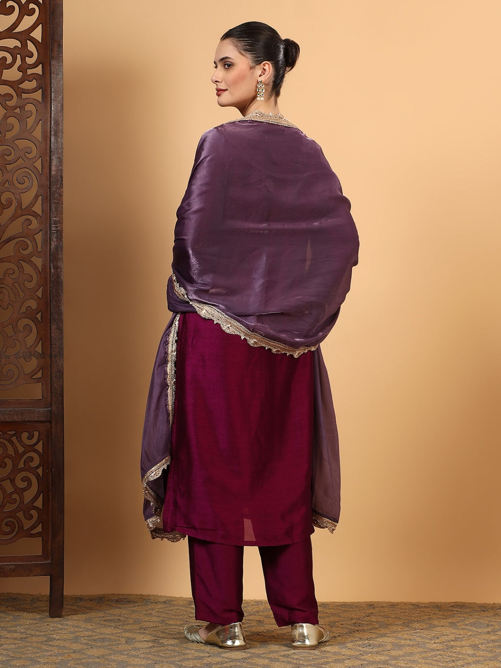 Women Wine Designer Embroidered Kurta set with dupatta with Pant