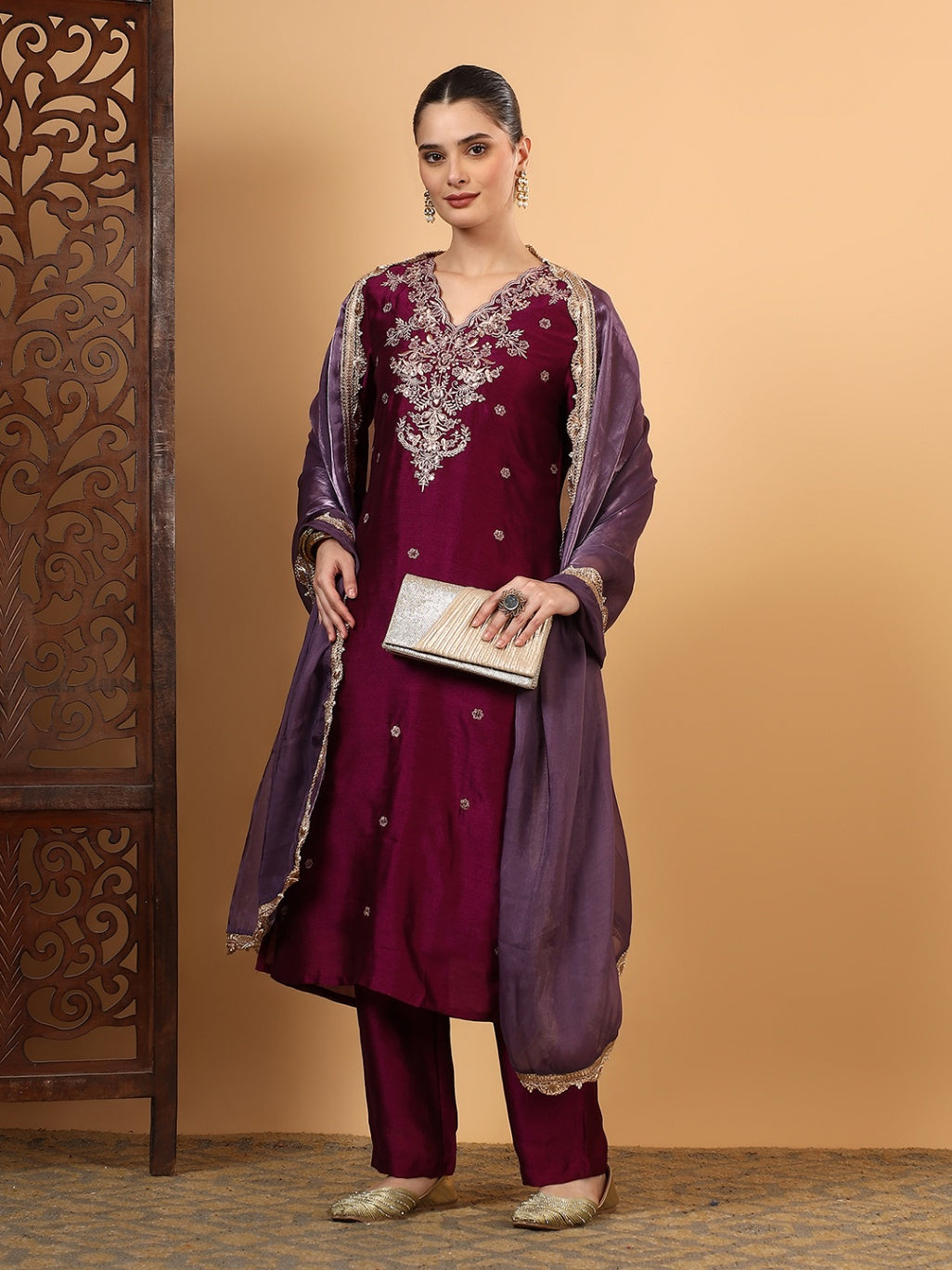 Women Wine Designer Embroidered Kurta set with dupatta with Pant