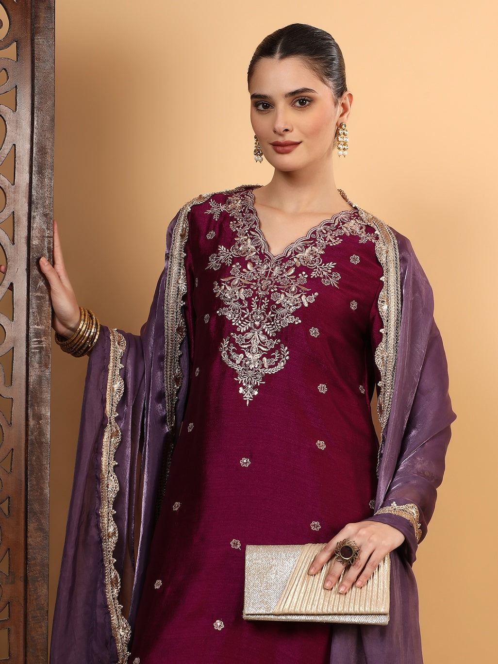 Women Wine Designer Embroidered Kurta set with dupatta with Pant