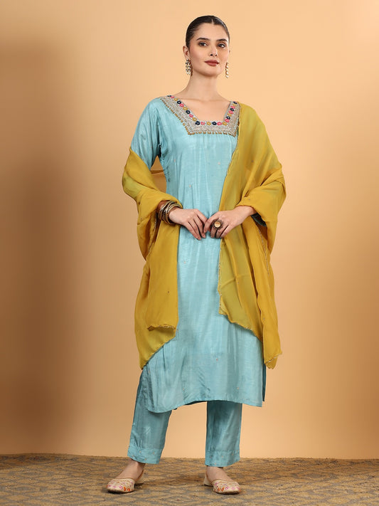 Women Blue Designer Hand  Embroidered Kurta set with dupatta with Pant