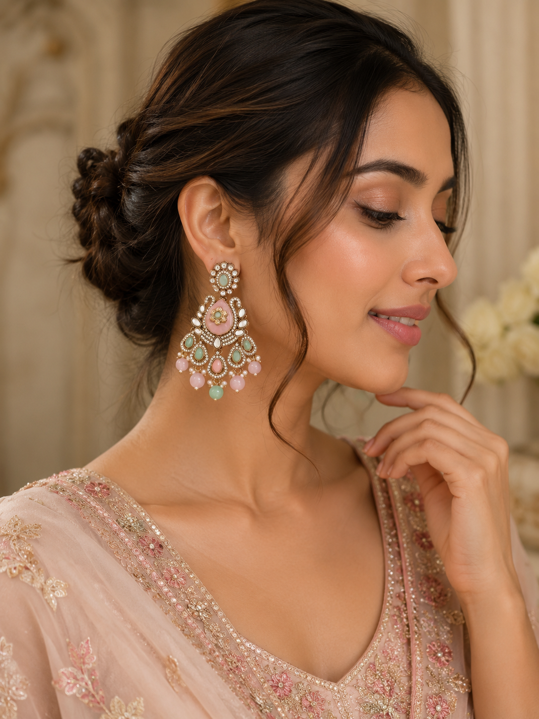 Gold-Plated Pastel Pink & Mint Kundan Dangler Earrings for Women