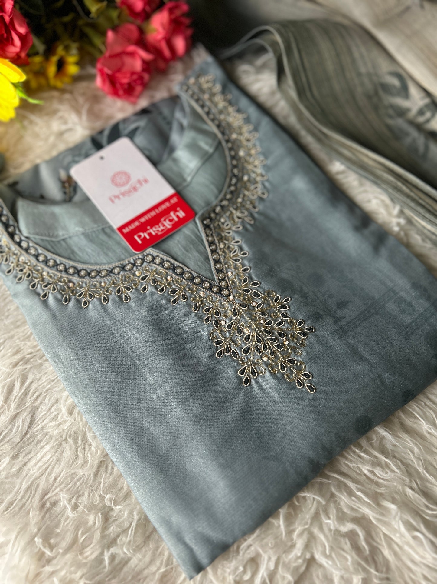 Gray embroidered kurta set with dupatta