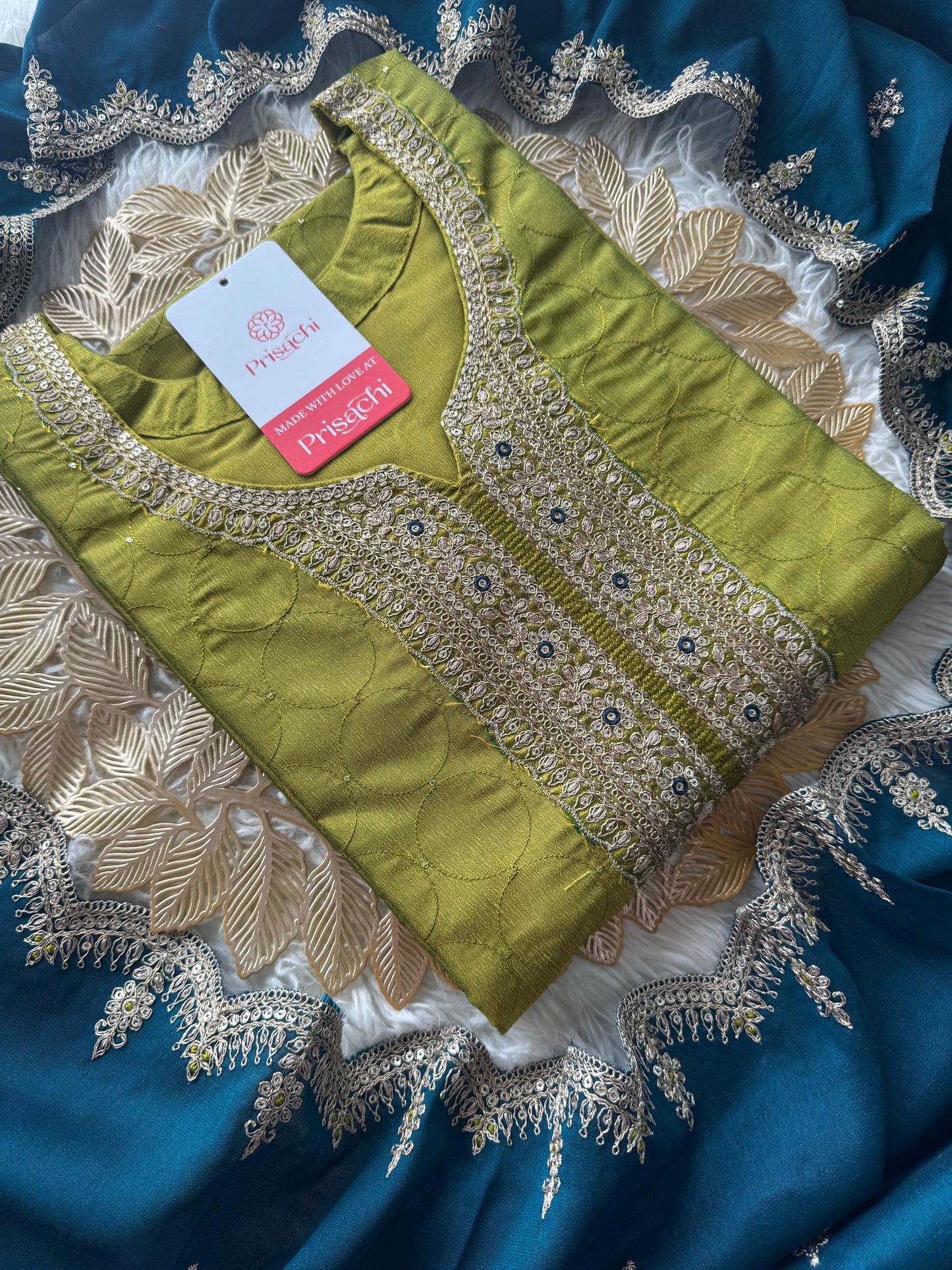 Green embroidered kurta set with contrast dupatta