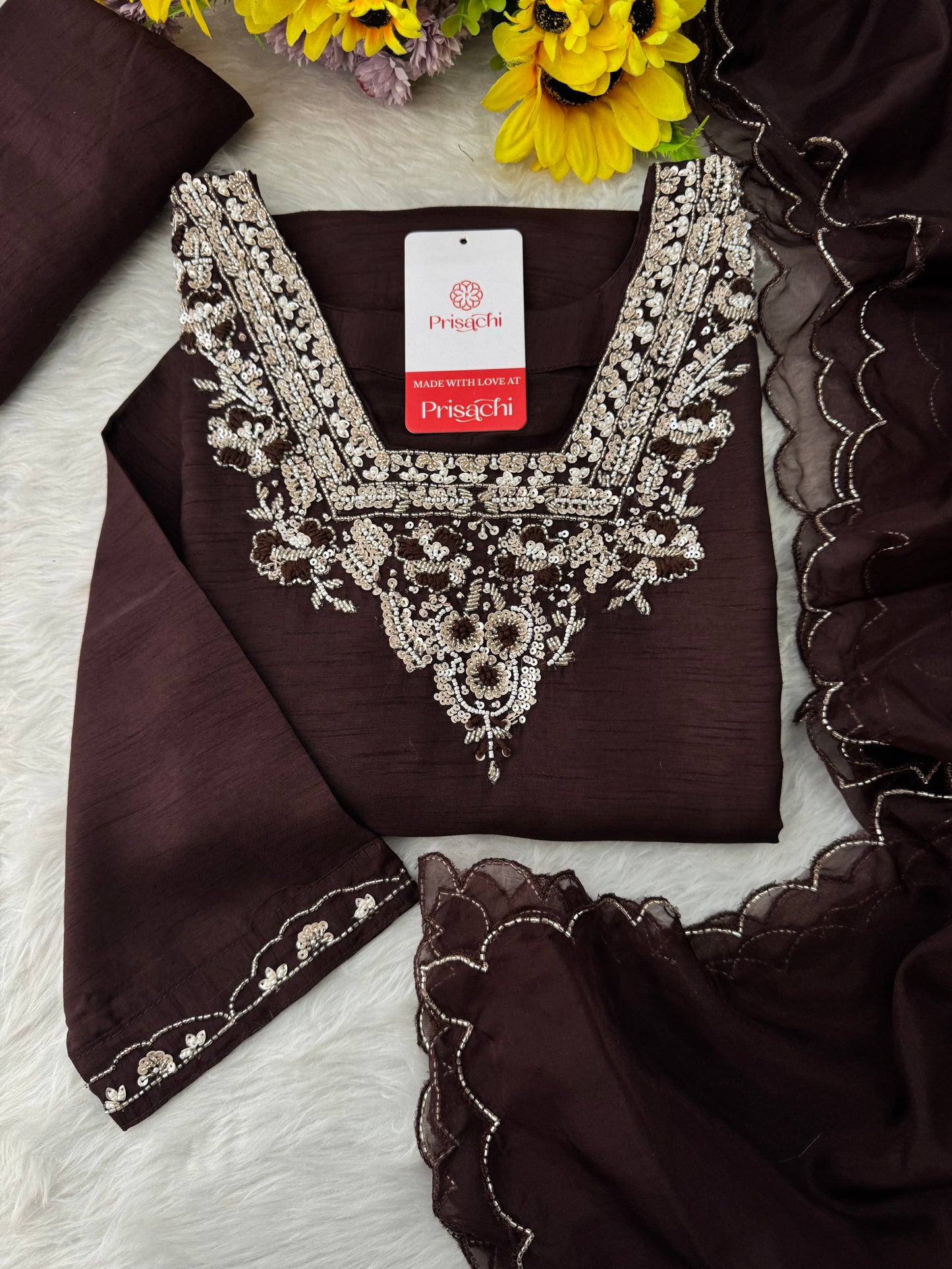 Brown hand embroidered kurta pant with dupatta - Prisachi Official