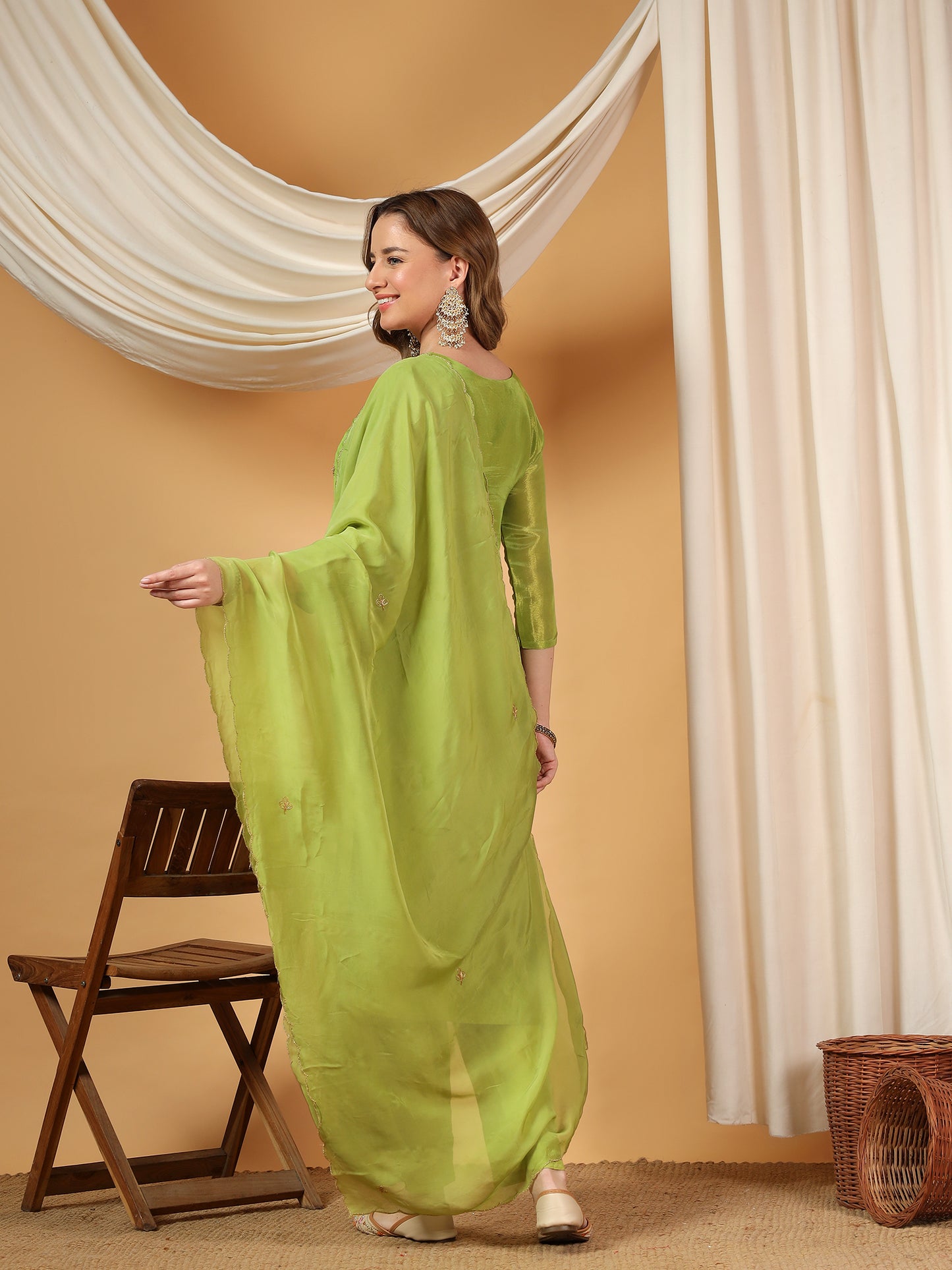 Green Designer Embroidered Kurta set with dupatta & Pant