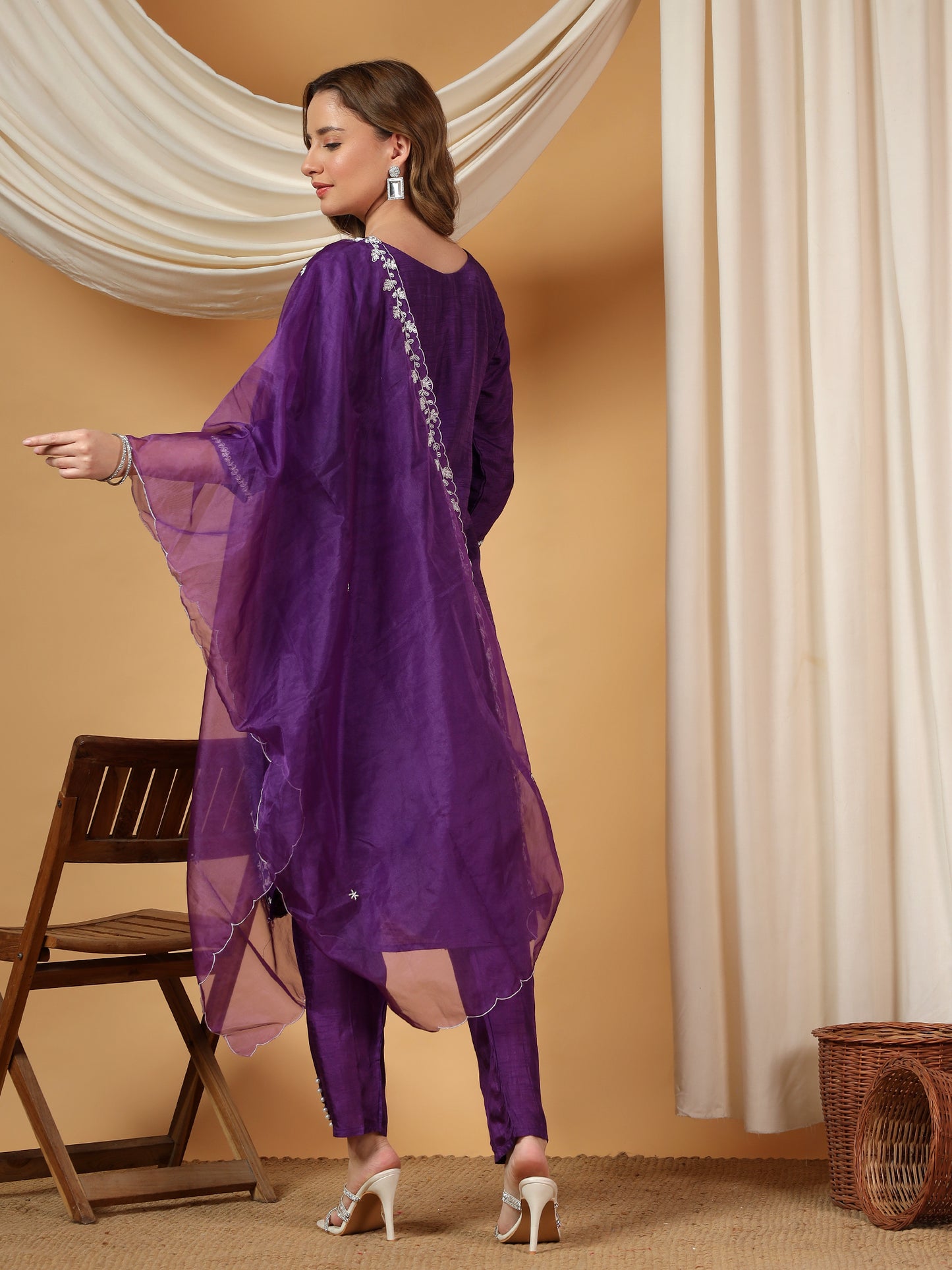 Purple Designer Embroidered Kurta set with dupatta & Pant