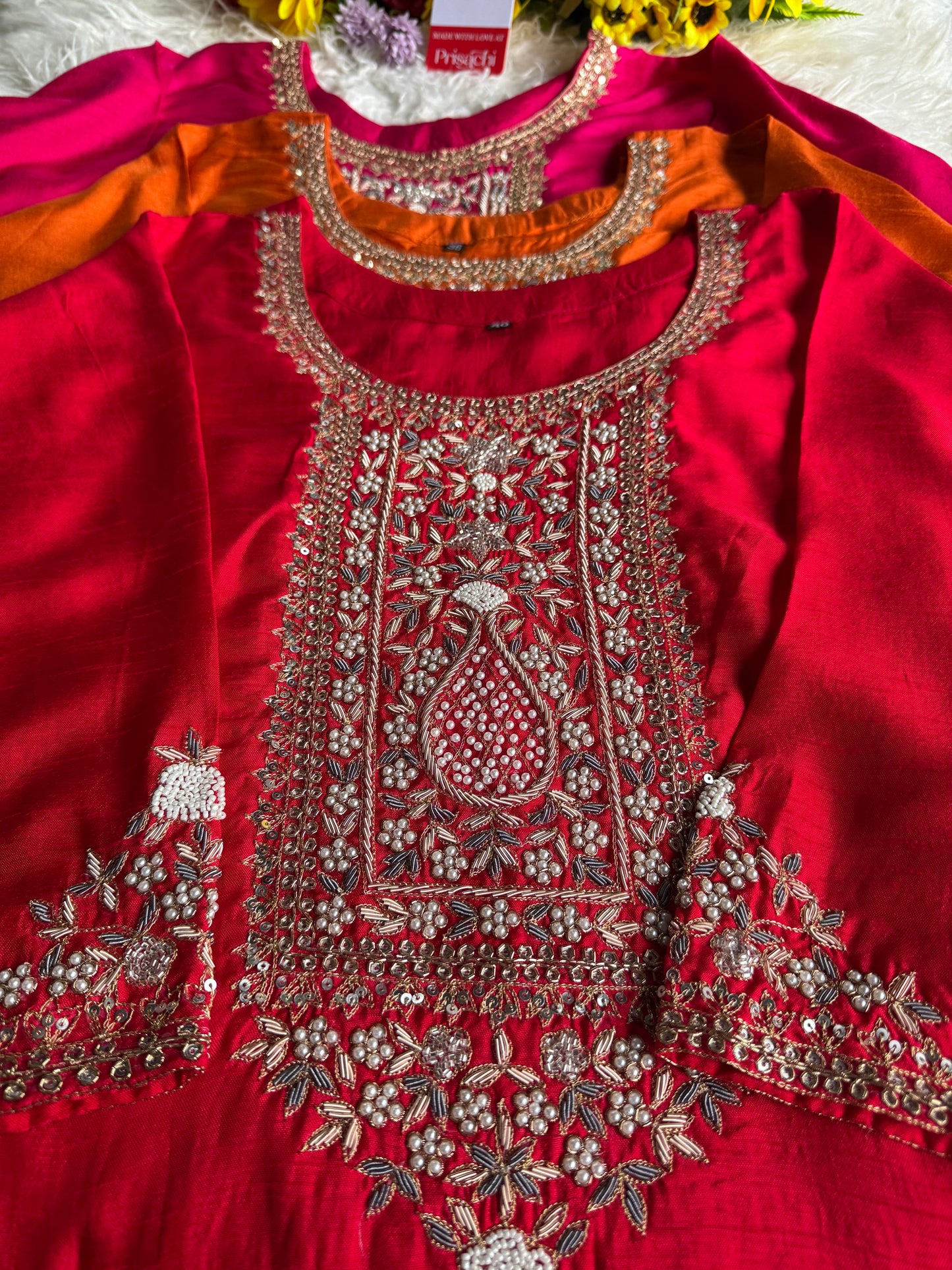 Red designer embroidered kurta set with dupatta