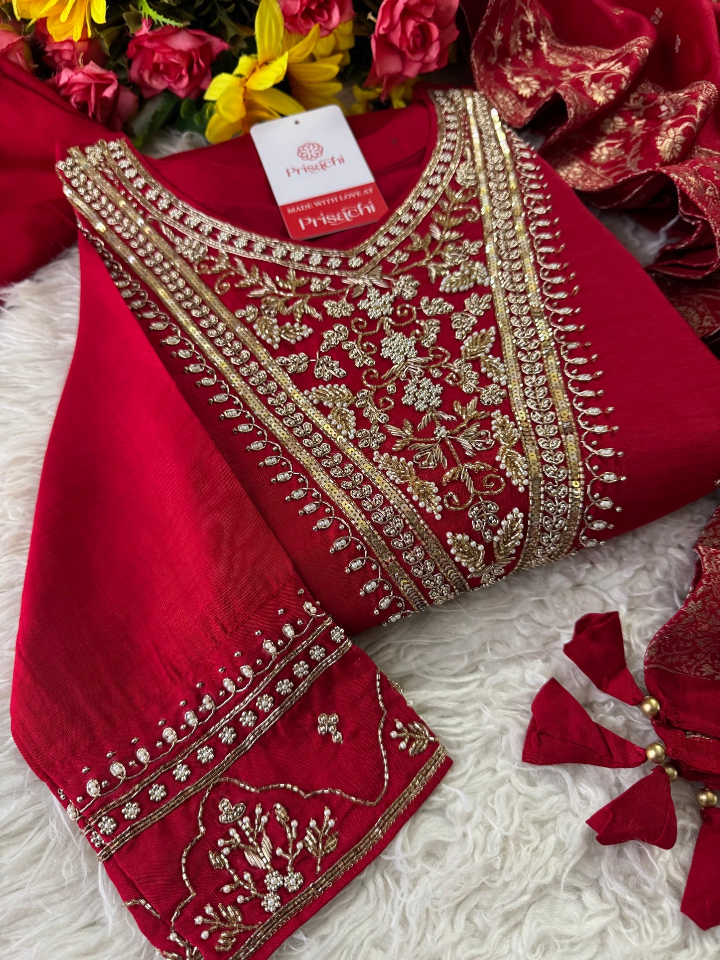 Red Embroidered kurta Pant with dupatta