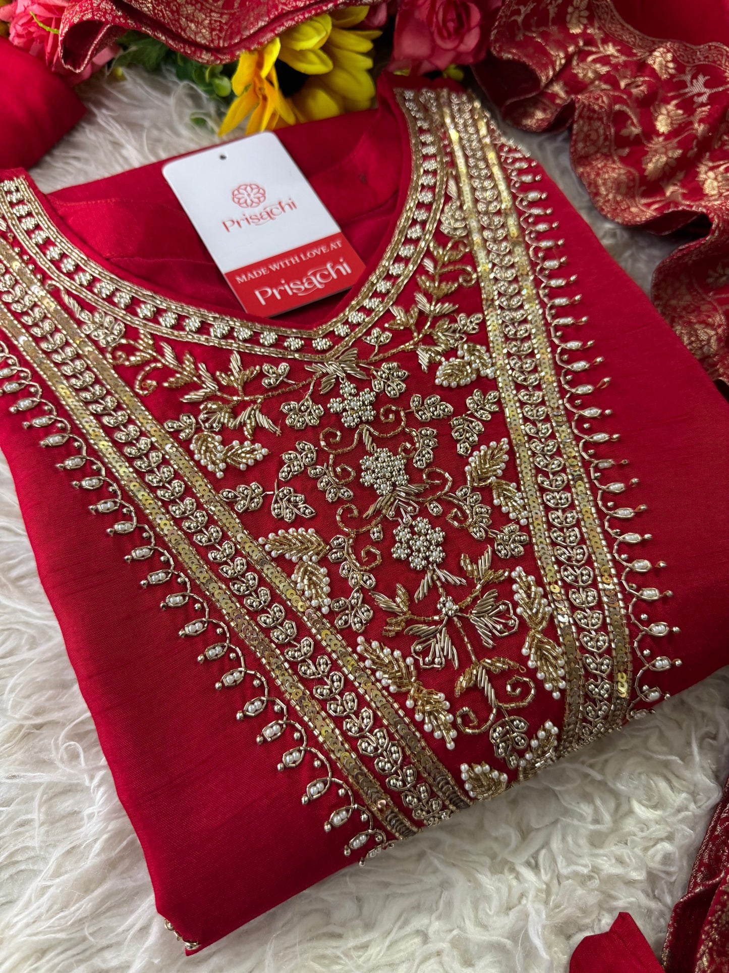 Red Embroidered kurta Pant with dupatta