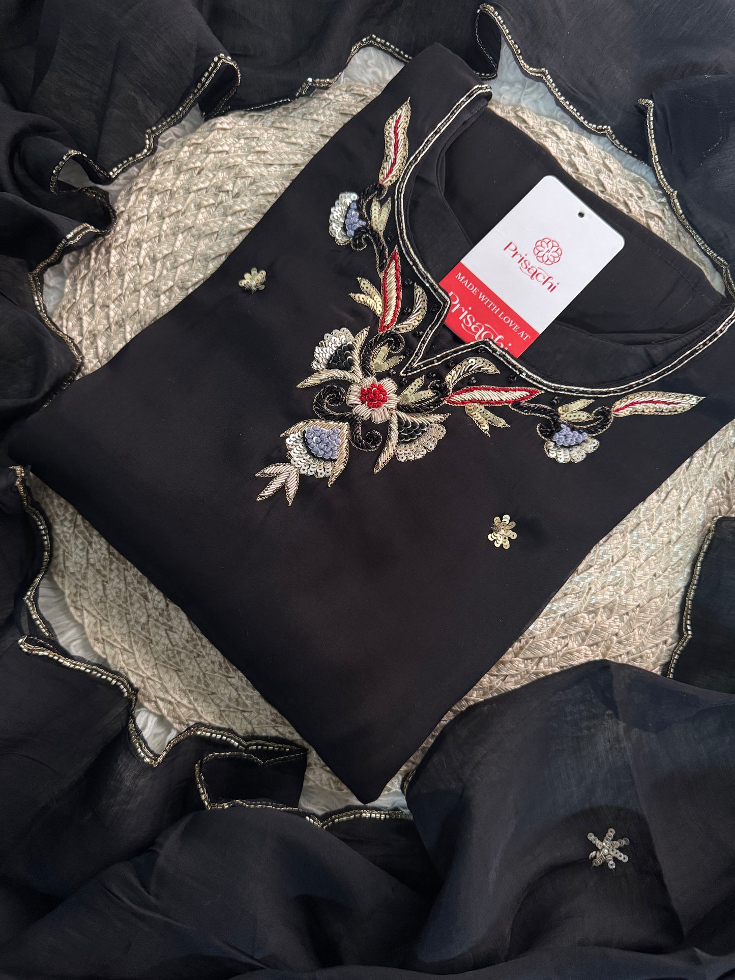 Prisachi Black Embroidered kurta bottom with dupatta