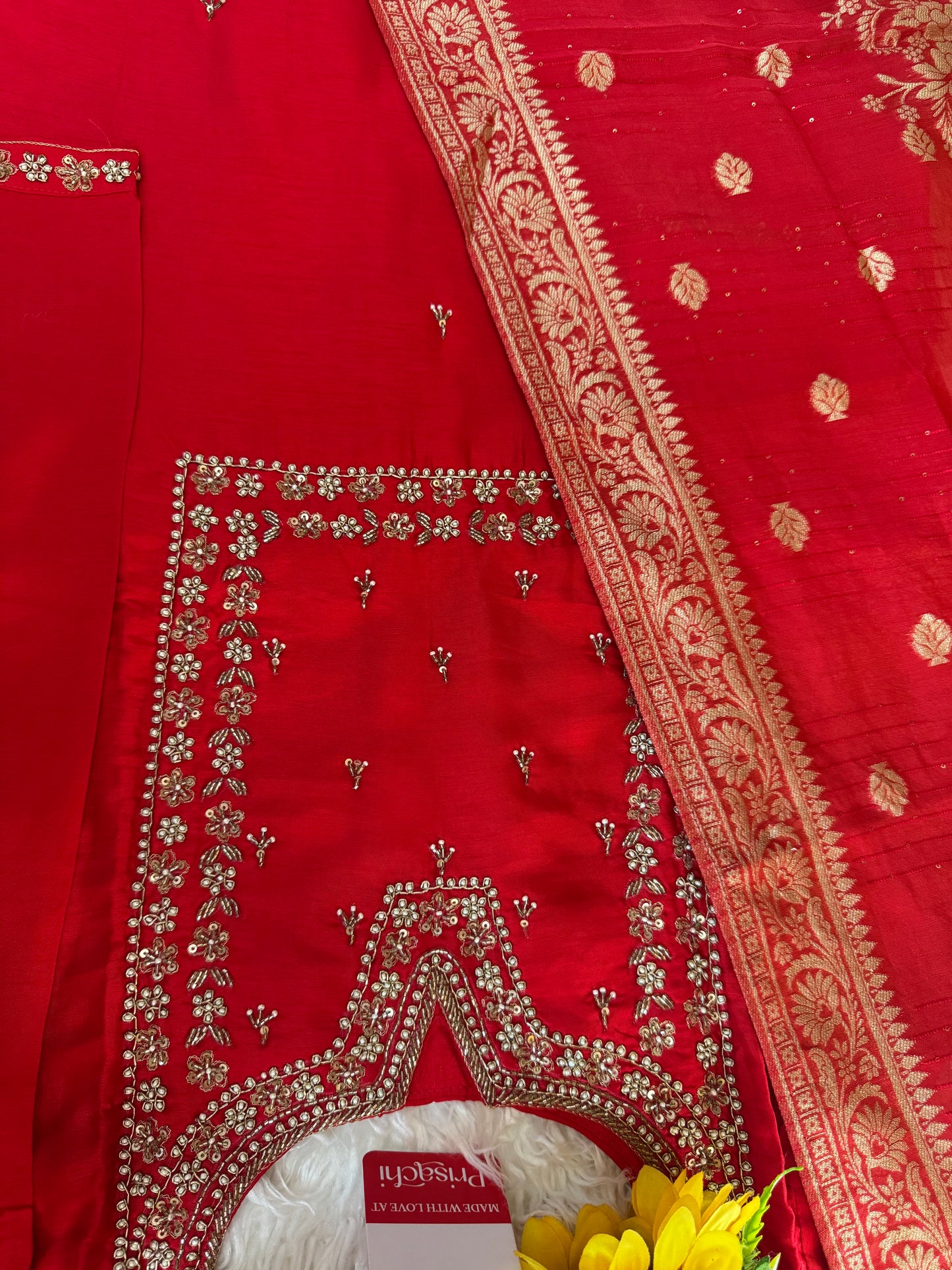 Red embroidered kurta set with dupatta