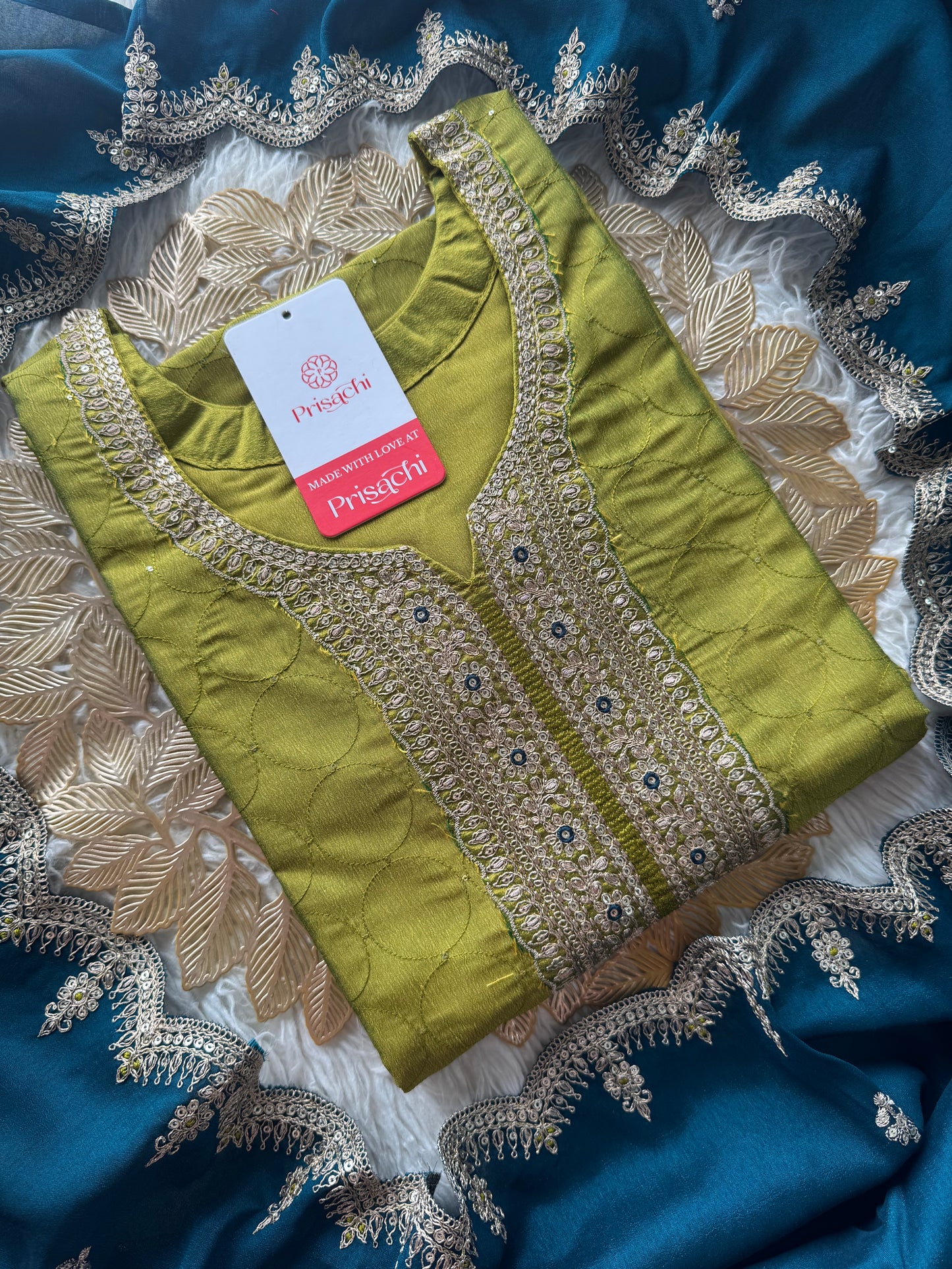Green embroidered kurta set with contrast dupatta