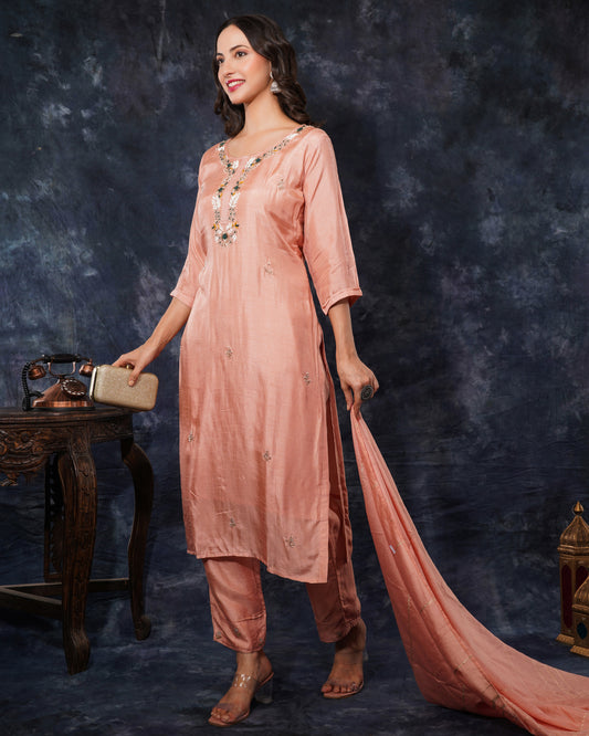 Peach embroidered kurta set with dupatta