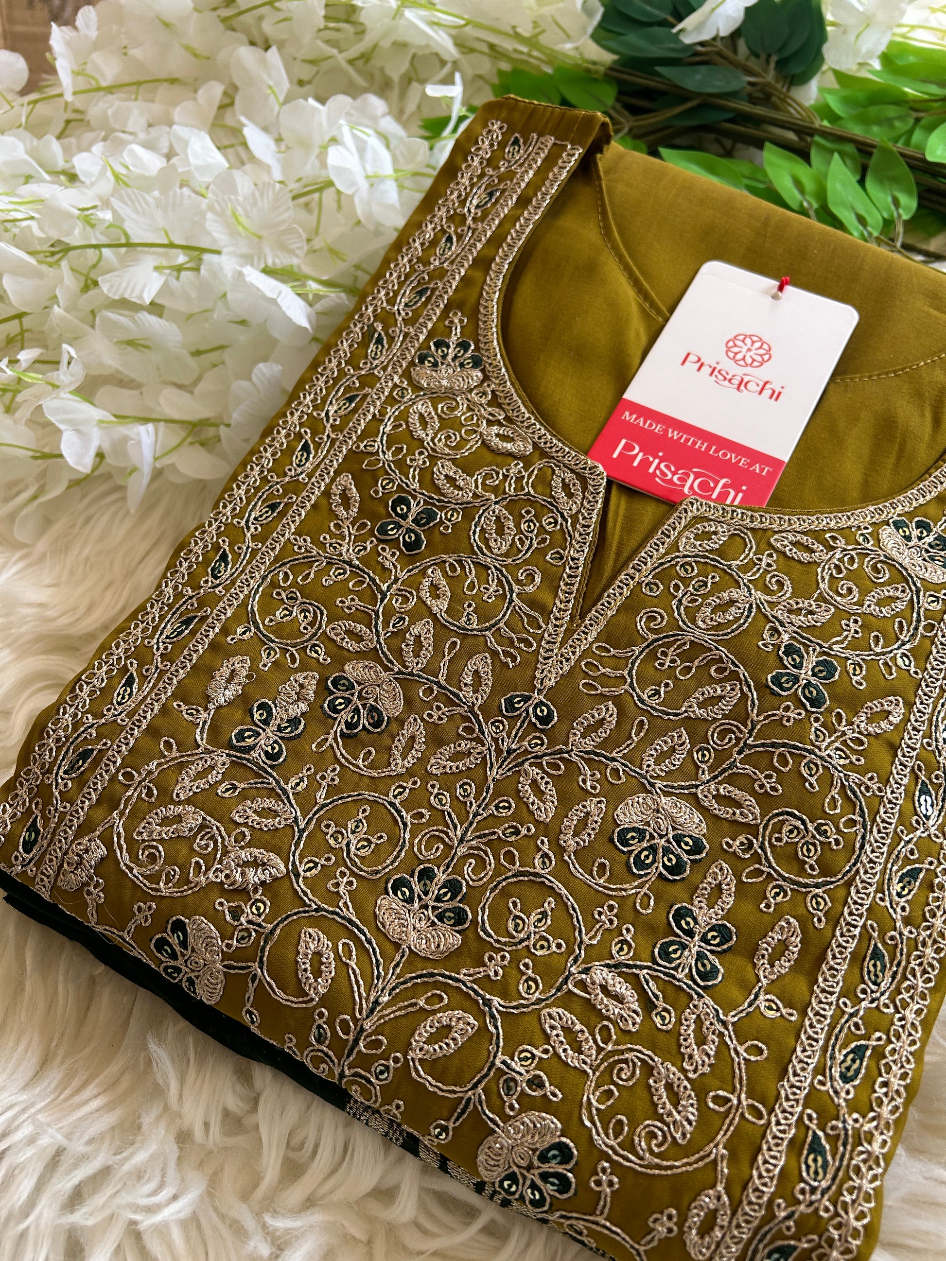 Mehndi Green embroidered kurta set with dupatta - Prisachi Official