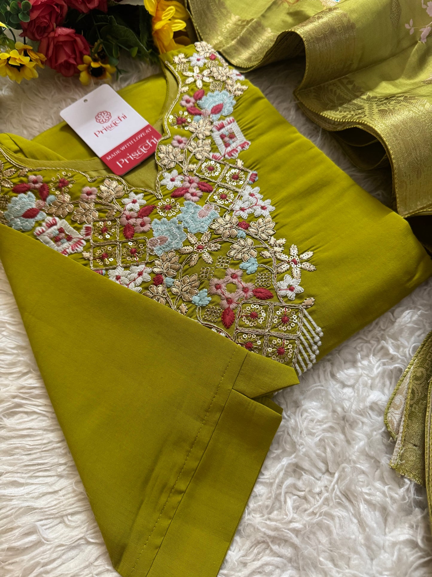 Green embroidered kurta set with dupatta