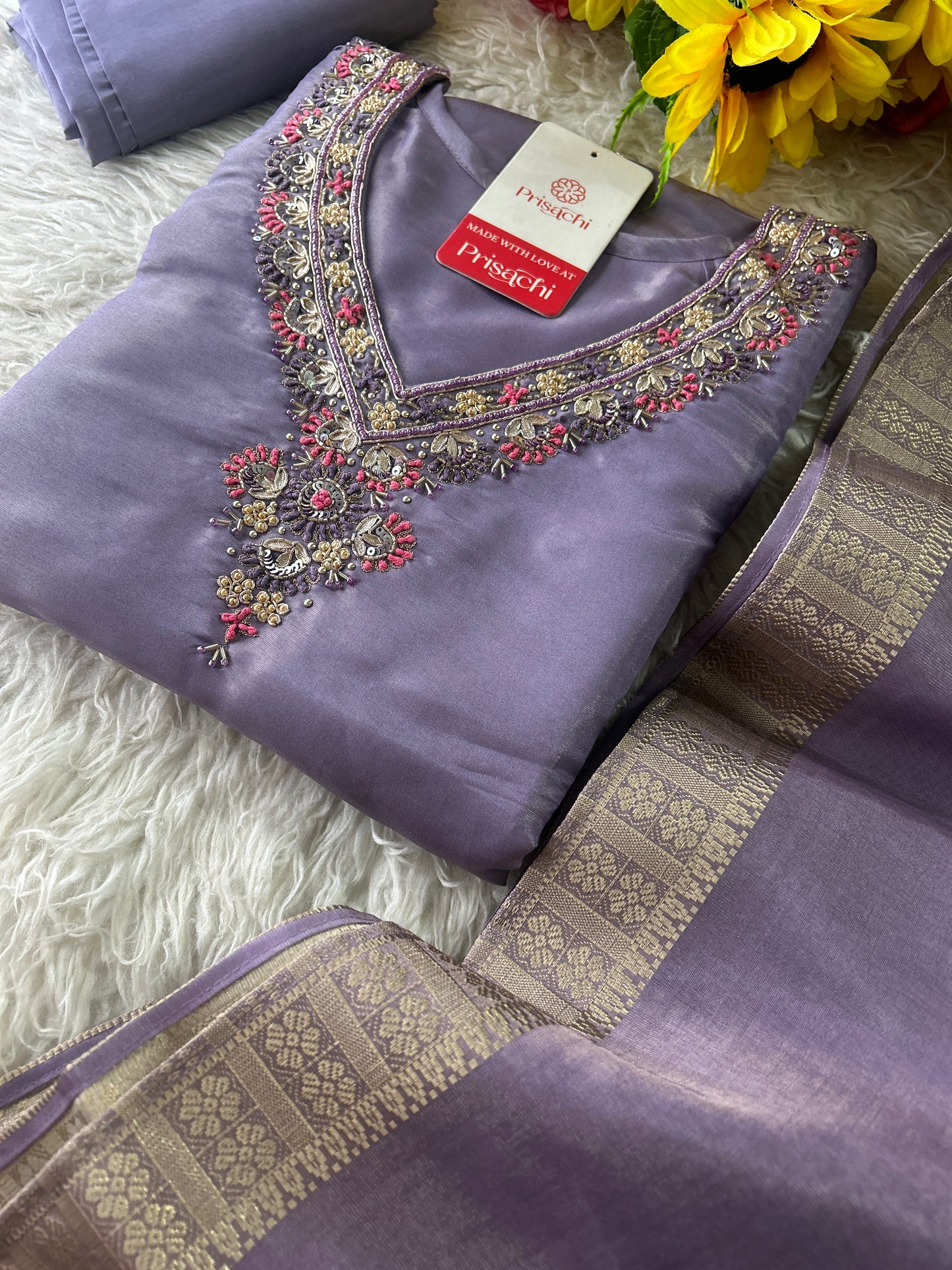 Purple embroidered kurta set with dupatta