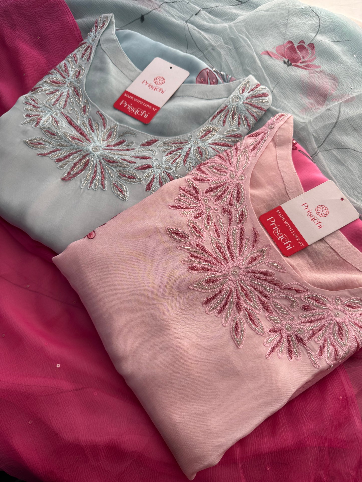 Pastel Blue floral embroidered kurta set with dupatta and pant - Prisachi Official