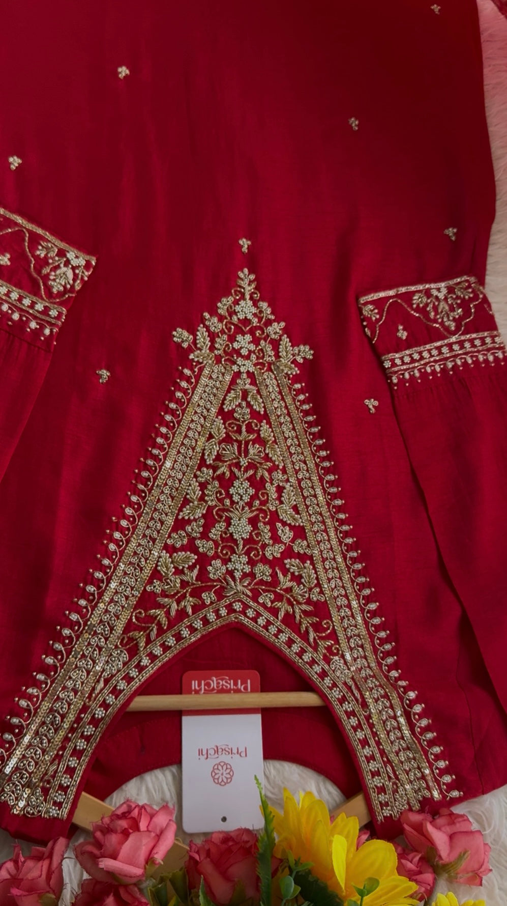 Red Embroidered kurta Pant with dupatta - Prisachi Official