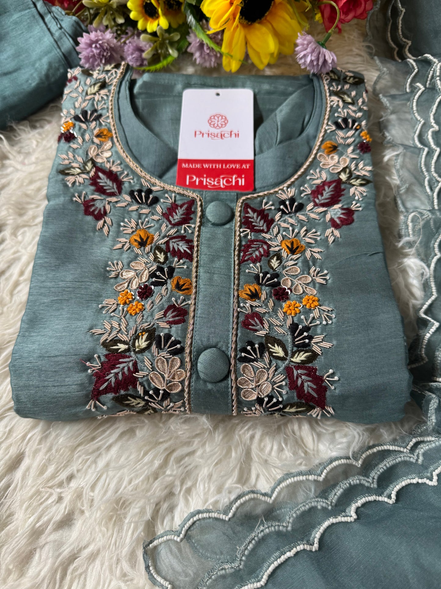 Sky blue Handwork kurta Pant with dupatta