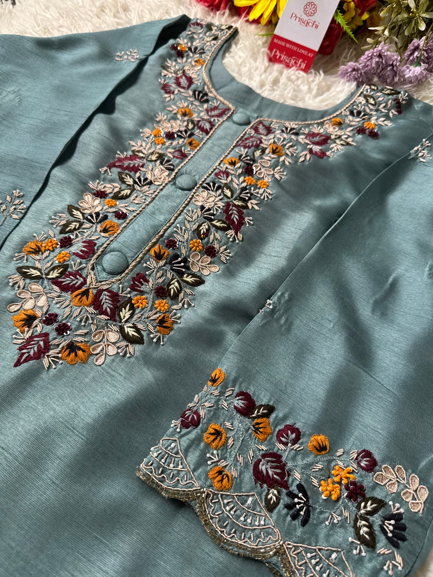 Sky blue Handwork kurta Pant with dupatta