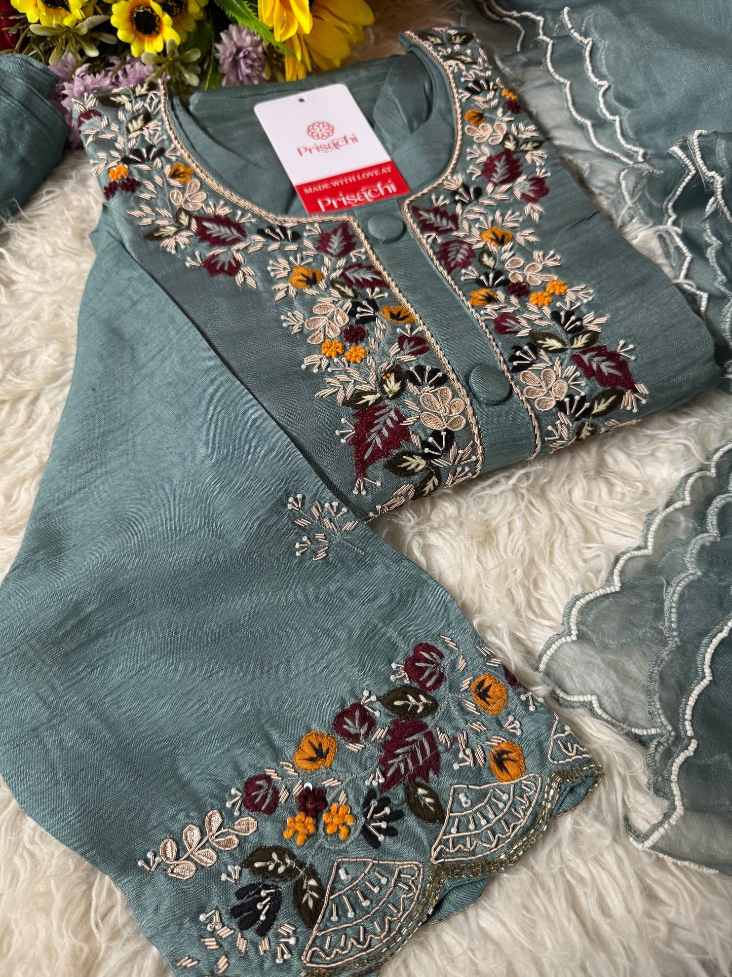 Sky blue Handwork kurta Pant with dupatta